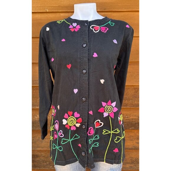VIntage Michael Simon Lite Embroidered Black Button Down Floral Shirt Size S - Picture 1 of 10